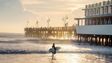 冲浪爱好者在代托纳比奇码头附近的水域中享受水上乐趣