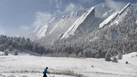 A wintry scene in the Flatirons just outside Boulder, Colorado