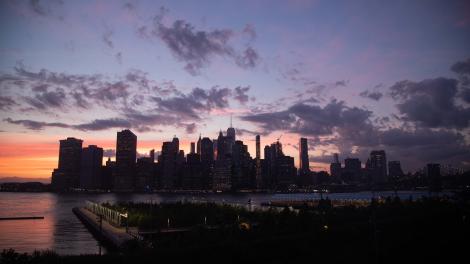 Night falls over Manhattan in New York City, New York 