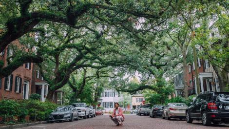 Strolling tree-lined streets in Savannah, Georgia