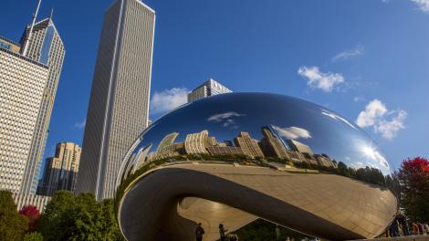 Mirrored views from the Cloud Gate Sculpture at Millennium Park in Chicago, Illinois Mirrored views from the Cloud Gate Sculpture at Millennium Park in Chicago, Illinois