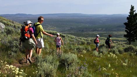 A family hiking in Yellowstone National Park A family hiking in Yellowstone National Park