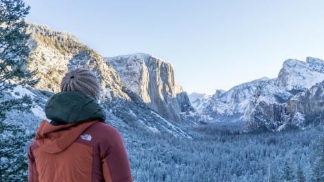 Looking out at the snowy Yosemite Valley in winter  Looking out at the snowy Yosemite Valley in winter