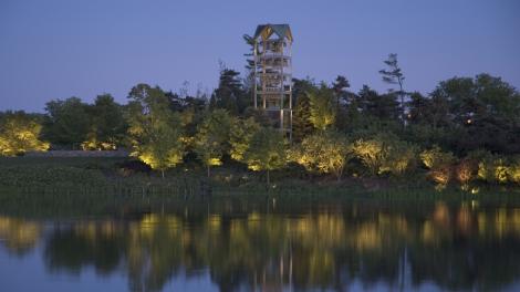 Lake and view of the Bell Tower at Chicago Botanic Garden in Chicago, Illinois Lake and view of the Bell Tower at Chicago Botanic Garden in Chicago, Illinois