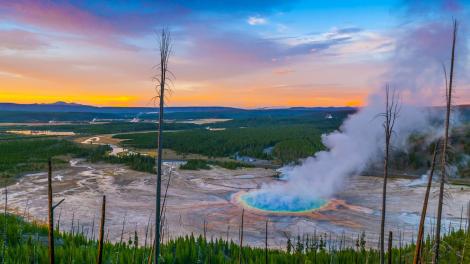 Grand Prismatic Spring at sunset  Grand Prismatic Spring at sunset