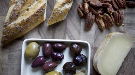 Artisanal olives, bread, nuts and cheese in the Pacific region of the USA