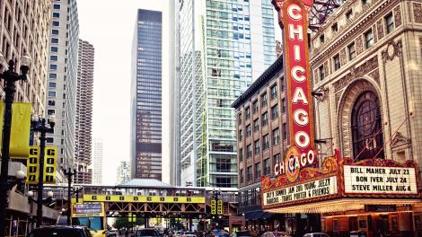 The historic Chicago Theater on busy State Street The historic Chicago Theater on busy State Street