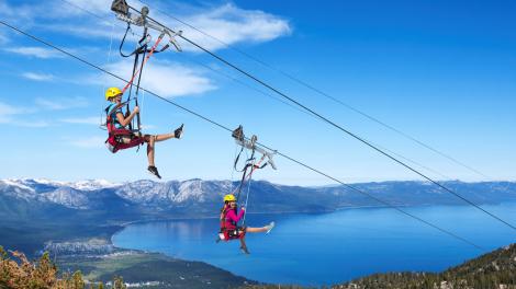 Zip liners are treated to an incredible view of the gem-colored waters of Lake Tahoe
