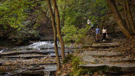 在纽约州伊萨卡的卡斯卡迪拉馆峡谷步道 (Cascadilla Gorge Trail) 徒步 在纽约州伊萨卡的卡斯卡迪拉馆峡谷步道 (Cascadilla Gorge Trail) 徒步