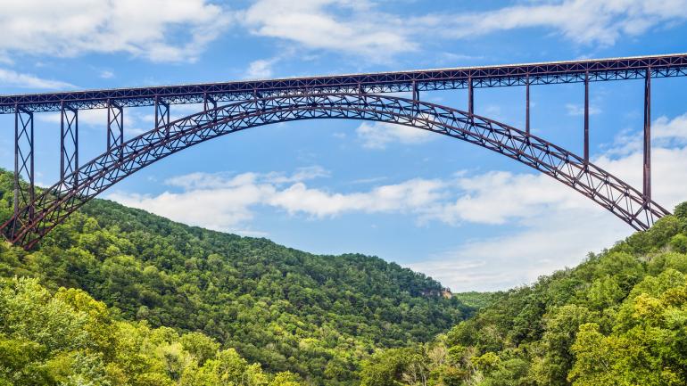 从下方仰望位于西弗吉尼亚州的新河峡大桥