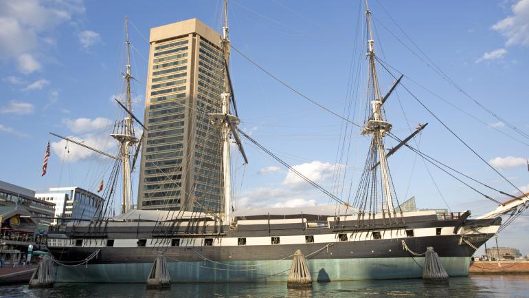 Historic ship, the USS Constellation, at the Inner Harbor on Pier 1 Historic ship, the USS Constellation, at the Inner Harbor on Pier 1