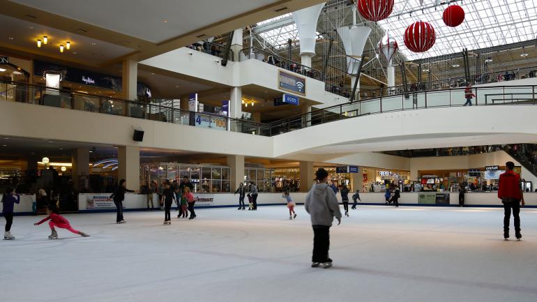 劳埃德中心的滑冰场，周边环绕着许多购物和餐饮场所
