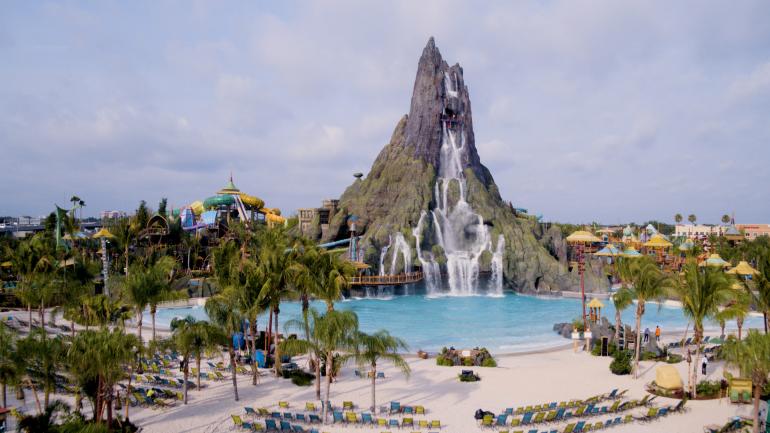 An aerial view of Waturi Beach at Universal's Volcano Bay An aerial view of Waturi Beach at Universal's Volcano Bay