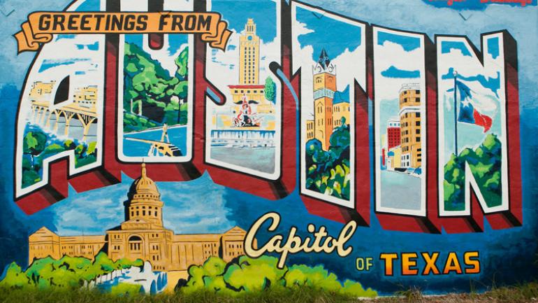 来自奥斯汀的问候，得克萨斯州如明信片般迷人的壁画