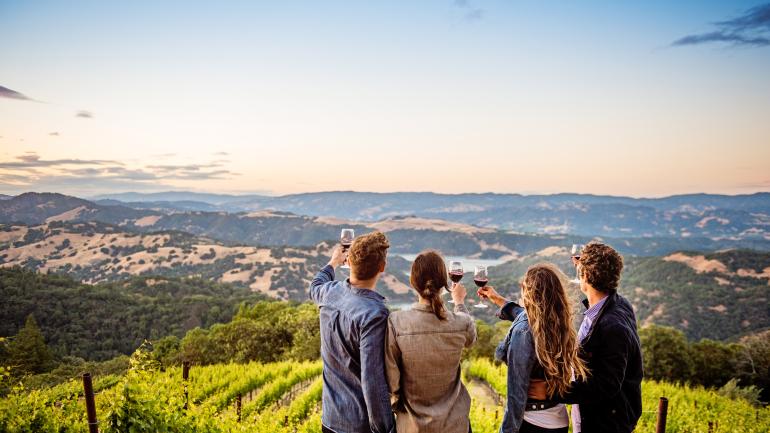 拿着一杯葡萄酒，漫步于加利福尼亚州任意一座葡萄园，欣赏如画美景。