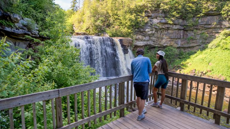 西弗吉尼亚州黑水瀑布州立公园的同名水景俯视图