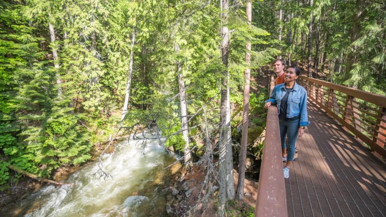 在爱达荷州邦纳斯费里附近的库特奈国家野生动物保护区徒步过桥