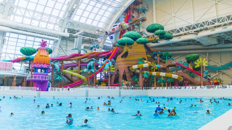 在梦工厂水上乐园的造浪池中戏水