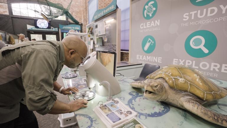 在吉柯岛上的佐治亚州海龟中心参观互动式教育展览