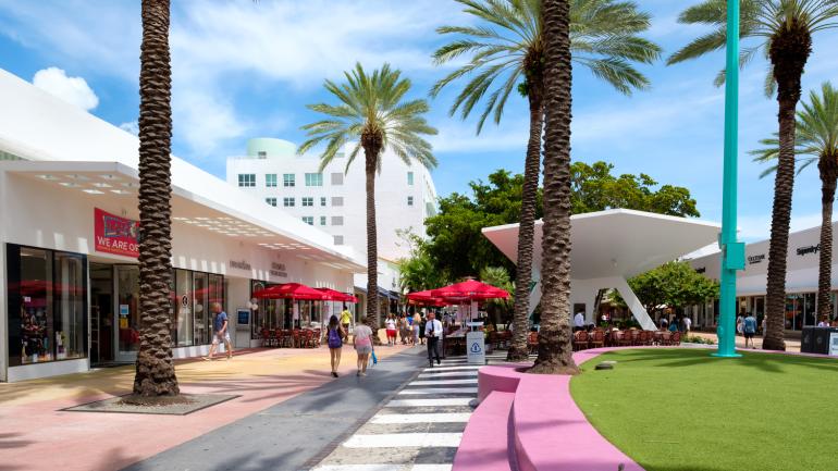 林肯大道步行街上的棕榈树和绿地 林肯大道步行街上的棕榈树和绿地