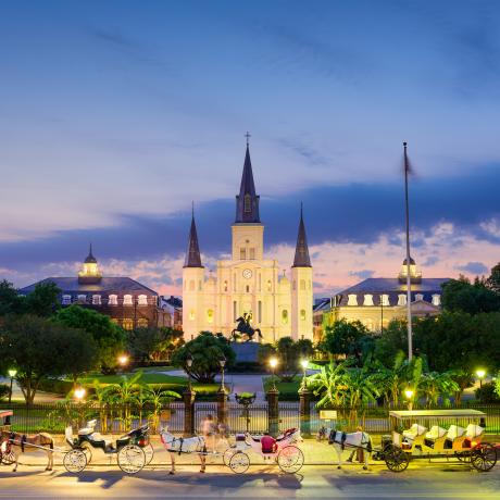 Dusk falls over Jackson Square and St. Louis Cathedral