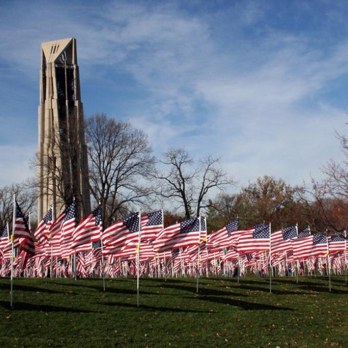 Moser Tower 塔前方为 Naperville Healing Field of Honor 悬挂的美国国旗