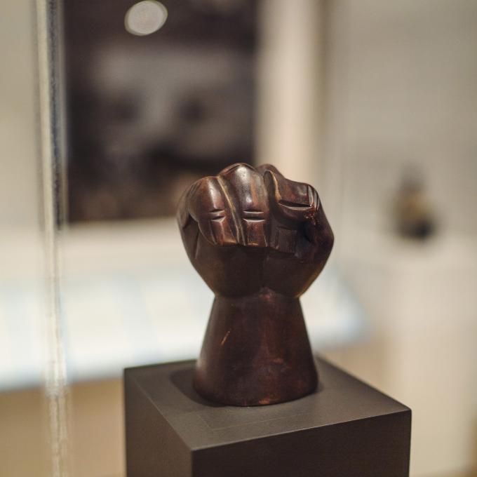 A sculpture from the Black Panther exhibit at the Oakland Museum of California A sculpture from the Black Panther exhibit at the Oakland Museum of California