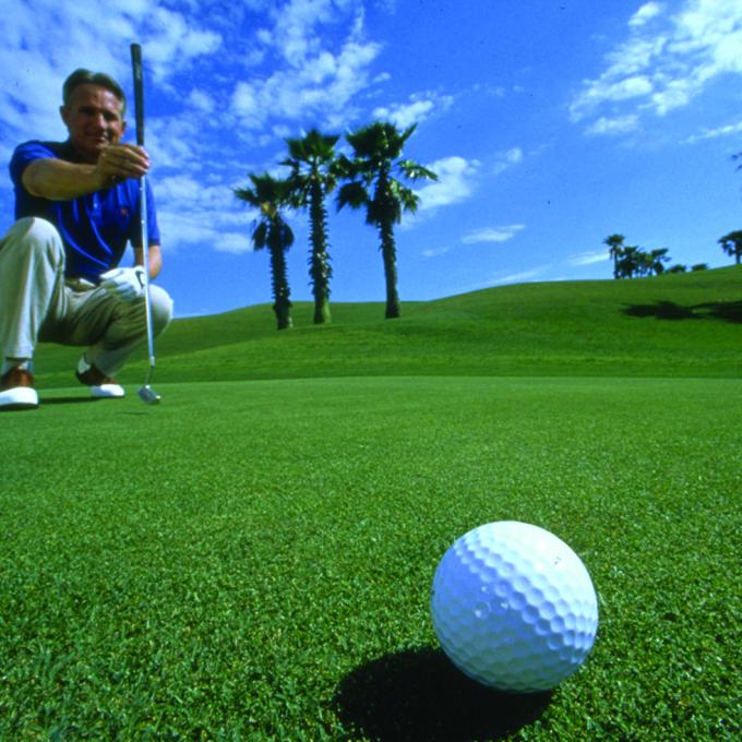 A man plans his putt on a Sarasota golf course