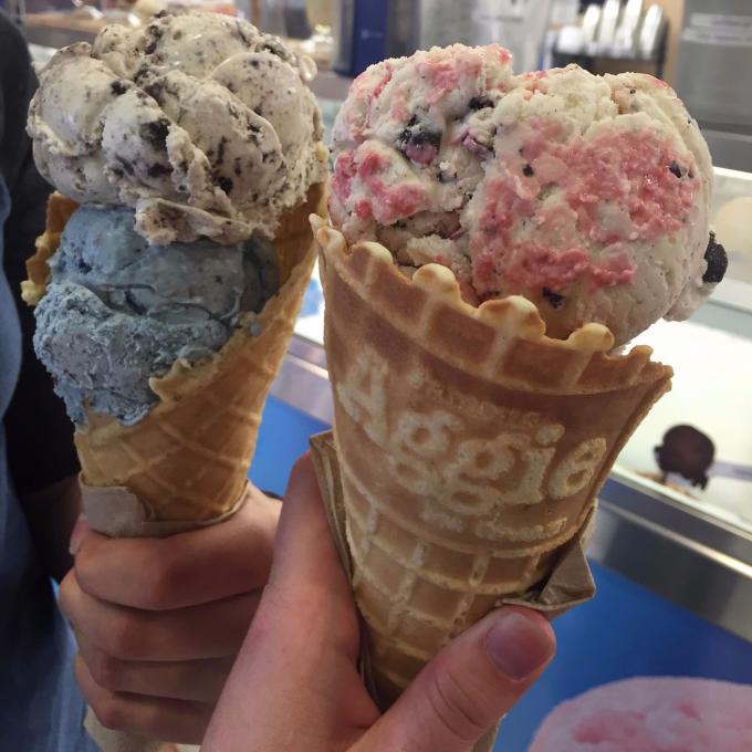 Two tempting cones of Aggie Ice Cream, made fresh at Utah State University in Logan