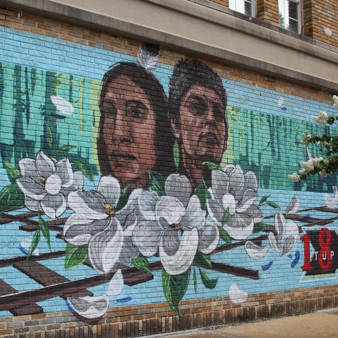 密西西比州图珀洛的一幅奇克索遗产壁画，描绘了两位名为 Piominko 和 Tishominko 的部落领袖。