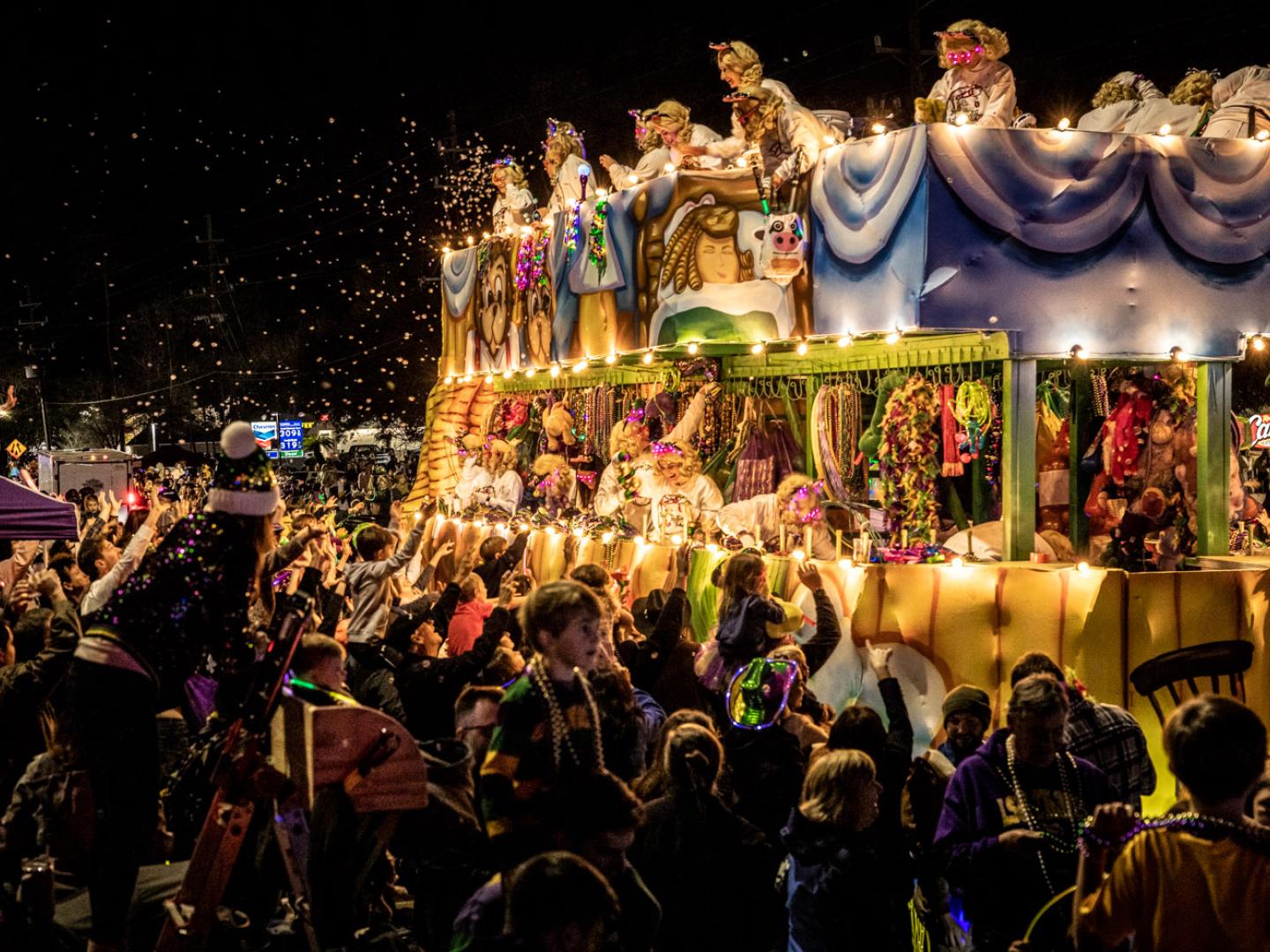 在曼德维尔新奥尔良狂欢节游行中欢呼喝彩 在曼德维尔新奥尔良狂欢节游行中欢呼喝彩