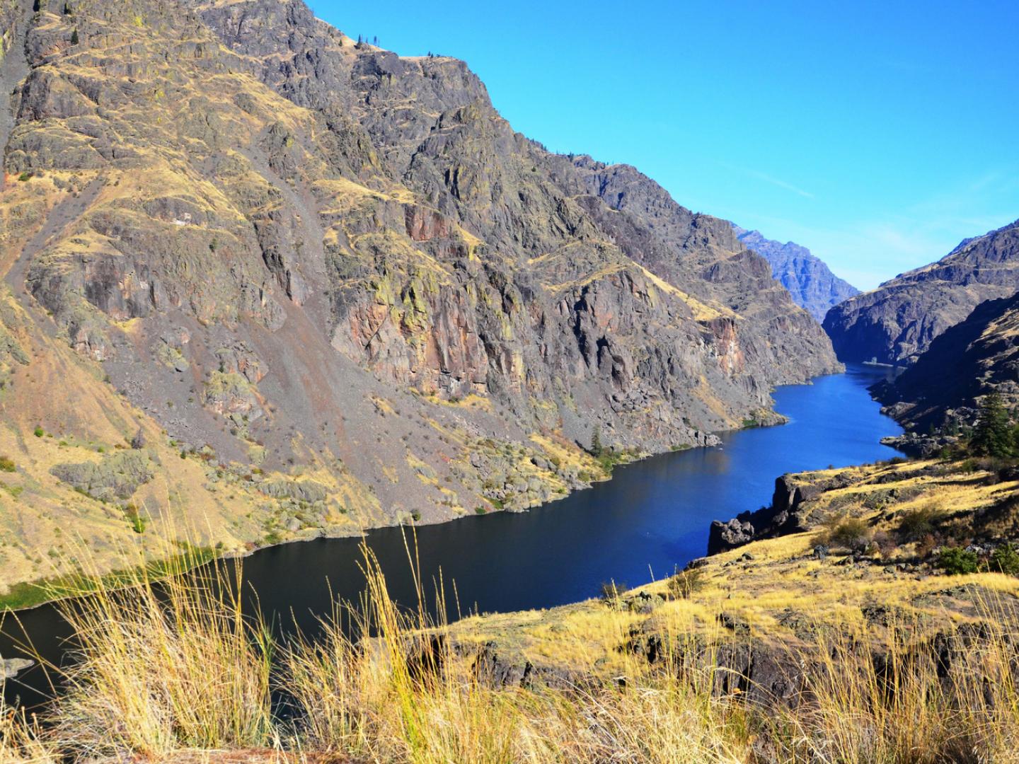 鸟瞰贯穿赫尔斯峡谷的蛇河