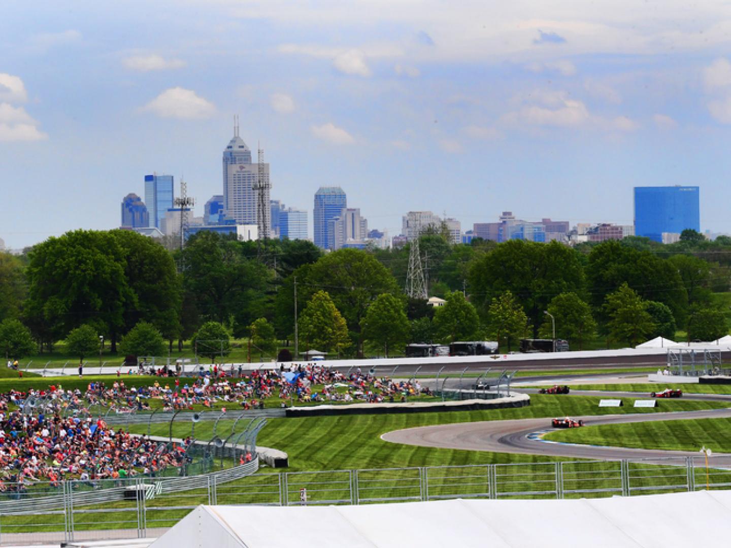 The Indianapolis Motor Speedway and Indianapolis skyline
