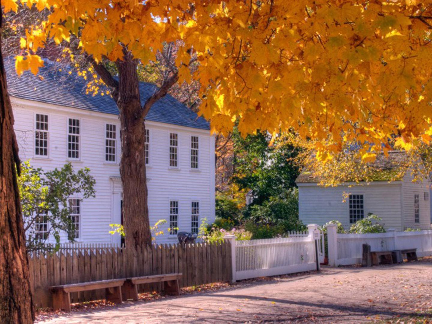 马萨诸塞州老斯特布里奇村内被盛装打扮的讲解员吸引的男孩