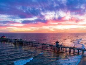 The city's landmark pier jutting into the Pacific Ocean in Huntington Beach, California