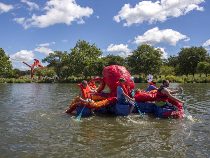 Paddling an octopus during Rock River Anything That Floats Race