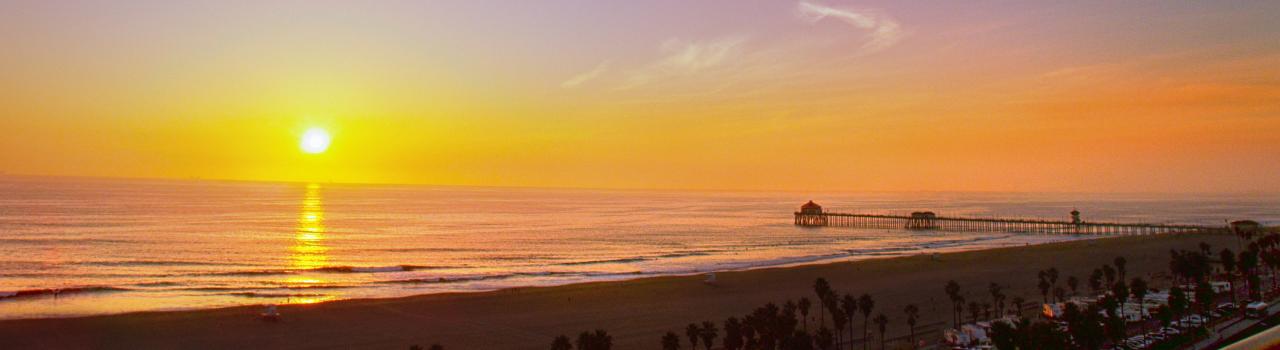 Huntington Beach pier and beach at sunset