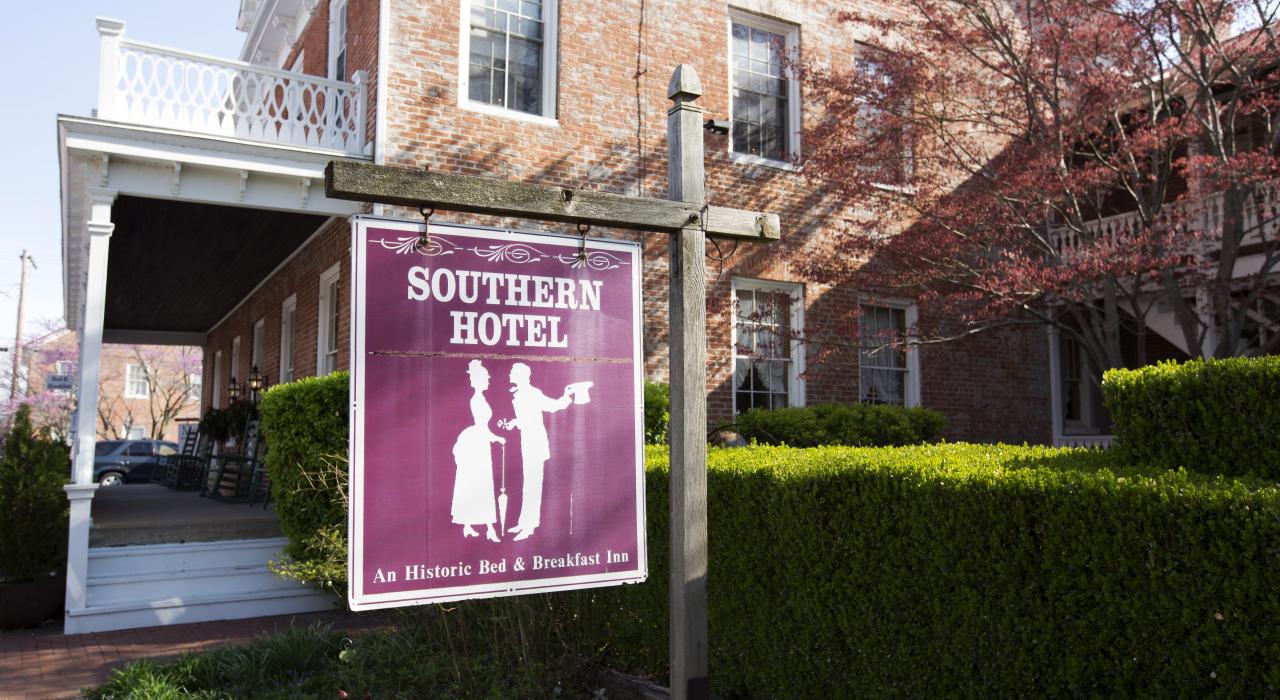 Entering the Southern Hotel in St. Genevieve, Missouri