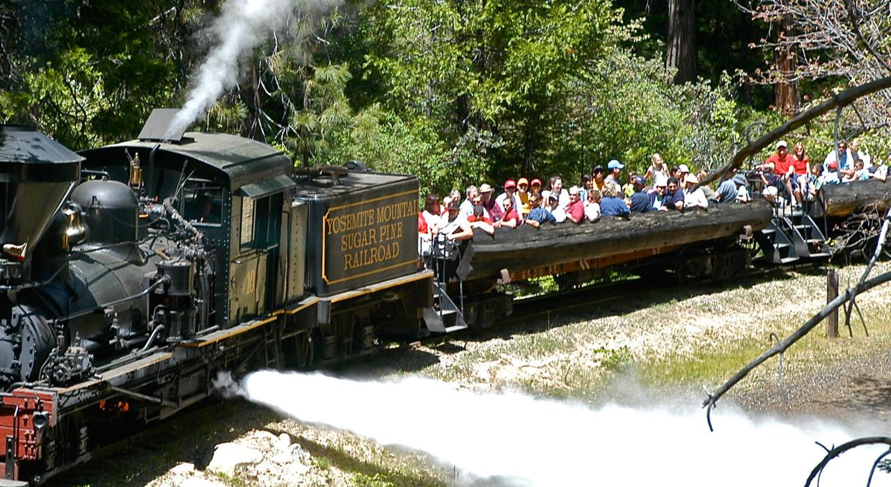 All aboard for a train ride at Yosemite Mountain Sugar Pine Railroad