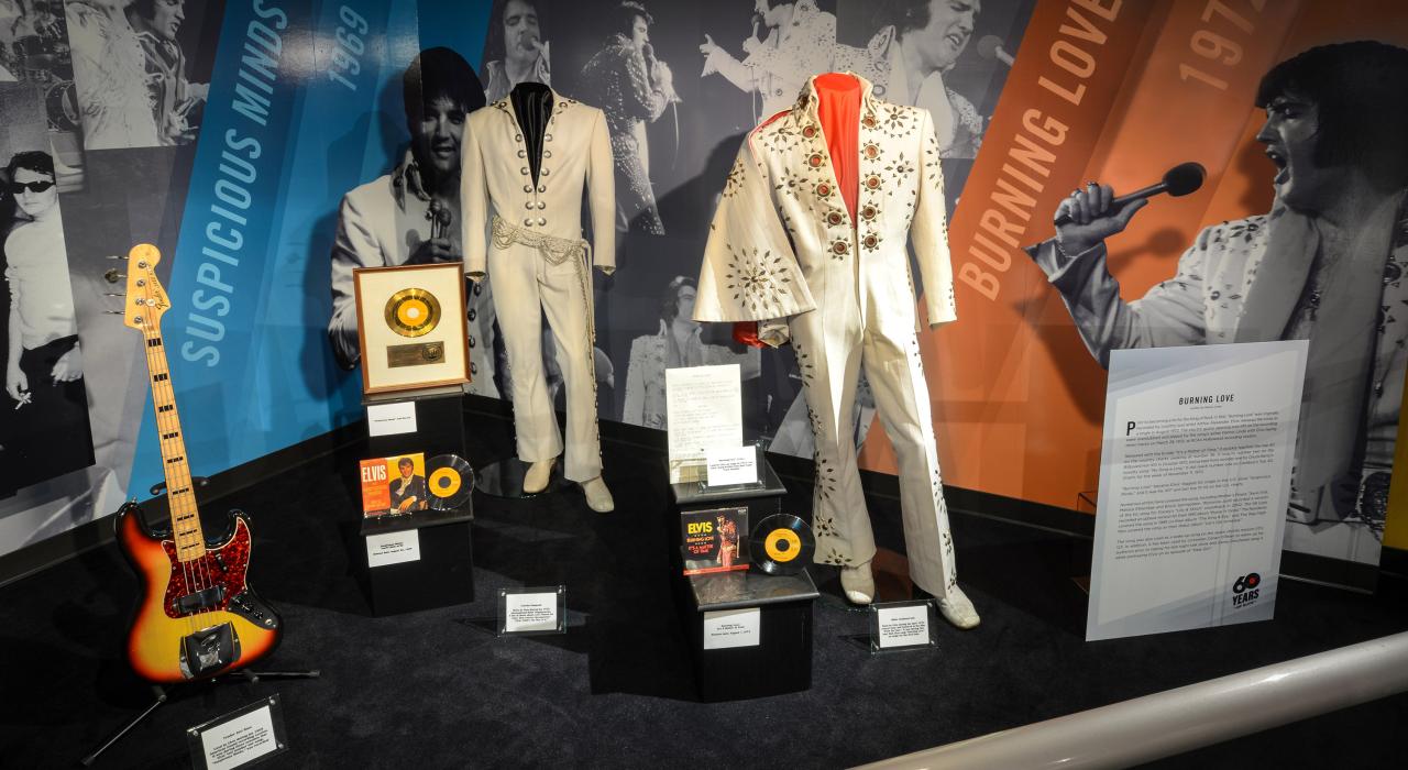 Elvis Presley memorabilia on display at Graceland in Memphis, Tennessee Elvis Presley memorabilia on display at Graceland in Memphis, Tennessee