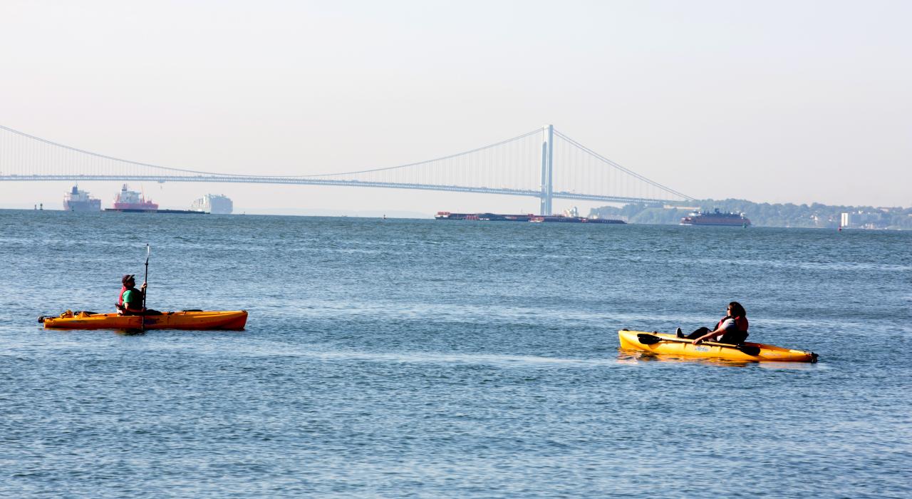 Exploring the Hudson River estuary by kayak in Jersey City, New Jersey.
