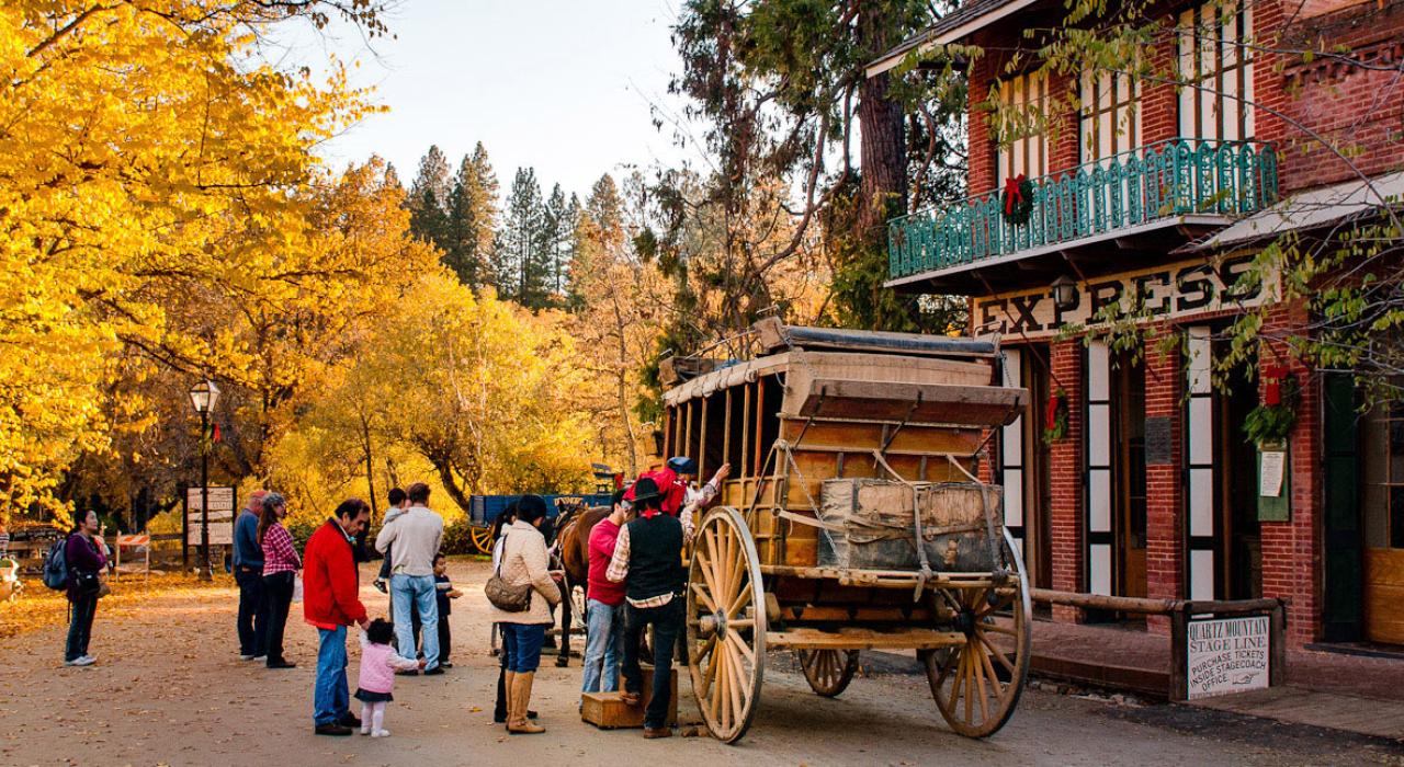Visitors prepare to take a stagecoach ride through Columbia State Historic Park  Visitors prepare to take a stagecoach ride through Columbia State Historic Park