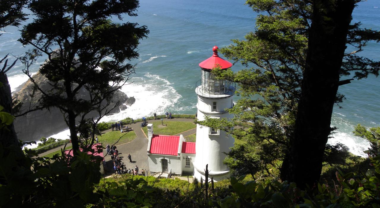 在树顶俯瞰赫西塔角灯塔和太平洋美景 在树顶俯瞰赫西塔角灯塔和太平洋美景