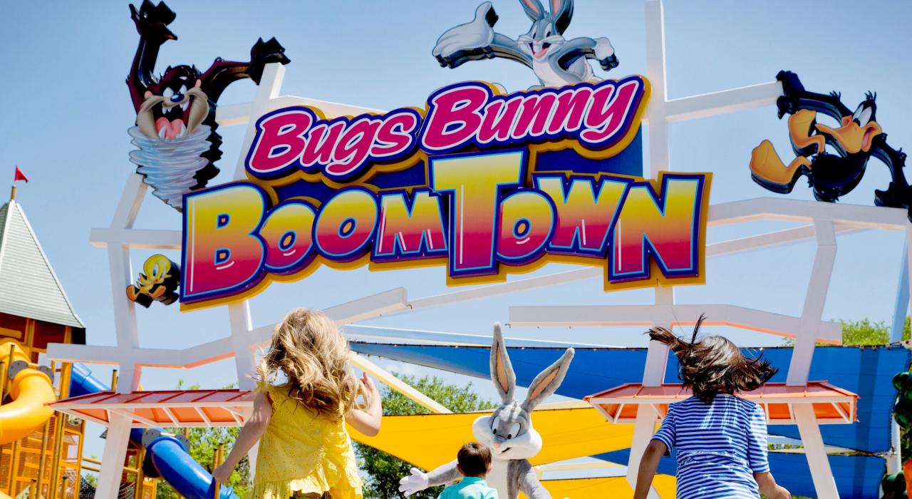 Racing toward Bugs Bunny Boomtown at Six Flags Over Texas Racing toward Bugs Bunny Boomtown at Six Flags Over Texas