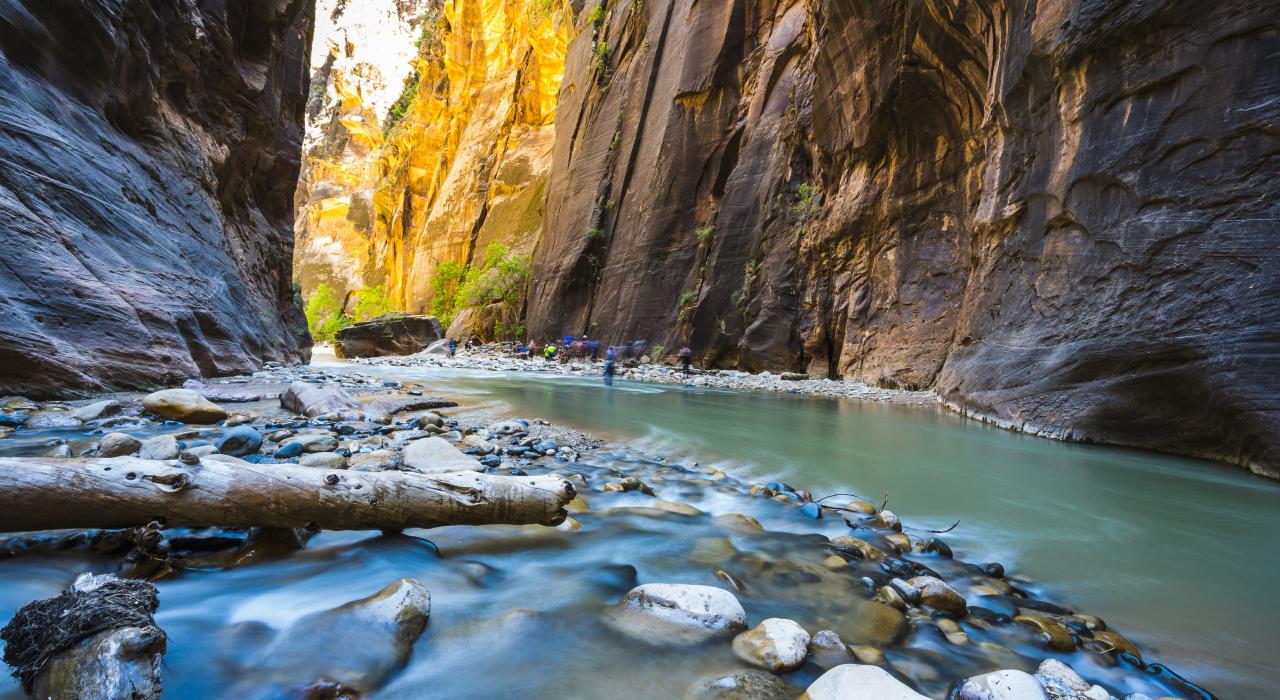 Virgin River flowing through The Narrows gorge, the narrowest spot in Zion Canyon