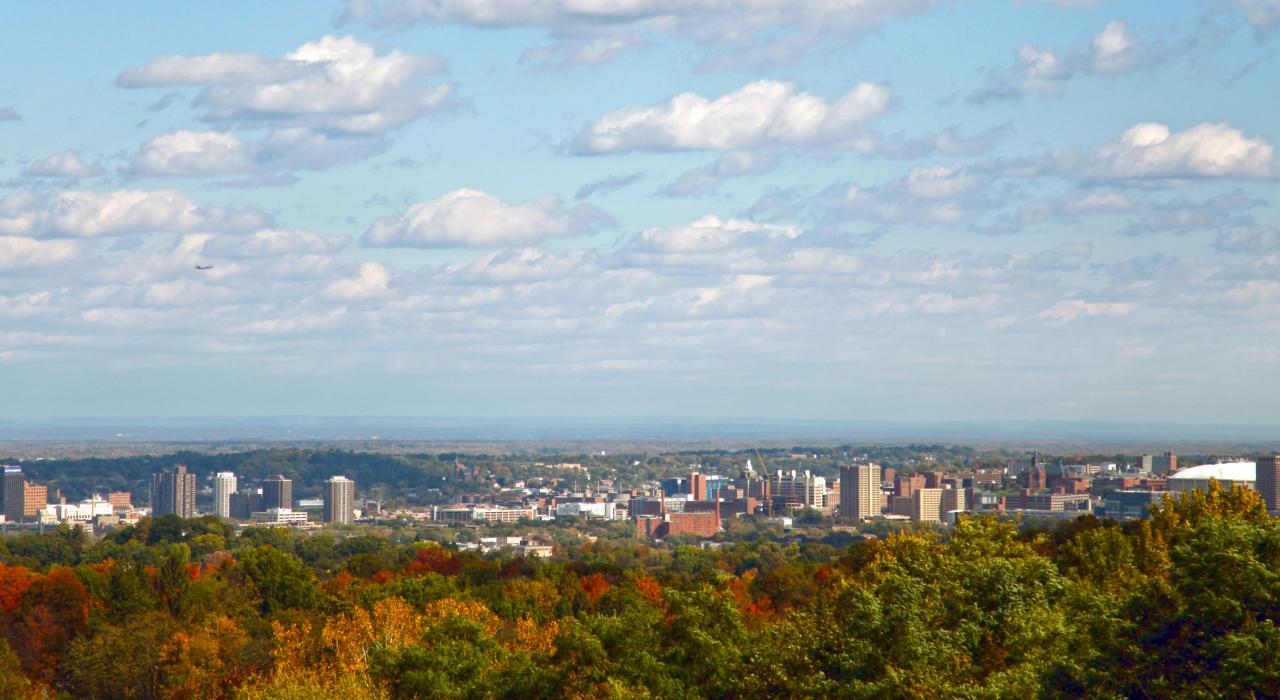 勾勒出城市天际线的秋叶和薄云 勾勒出城市天际线的秋叶和薄云