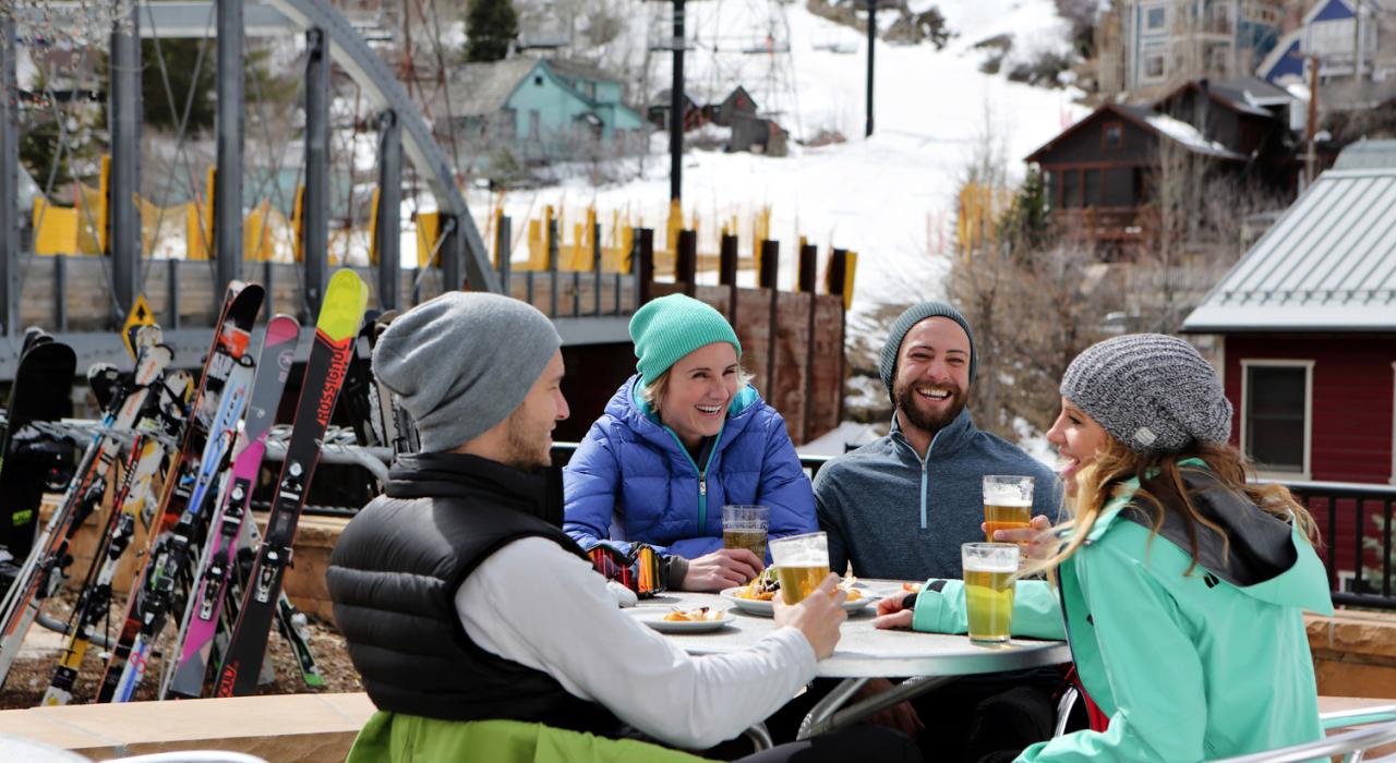 Relaxing at Town Lift Plaza after ski runs on the mountain Relaxing at Town Lift Plaza after ski runs on the mountain