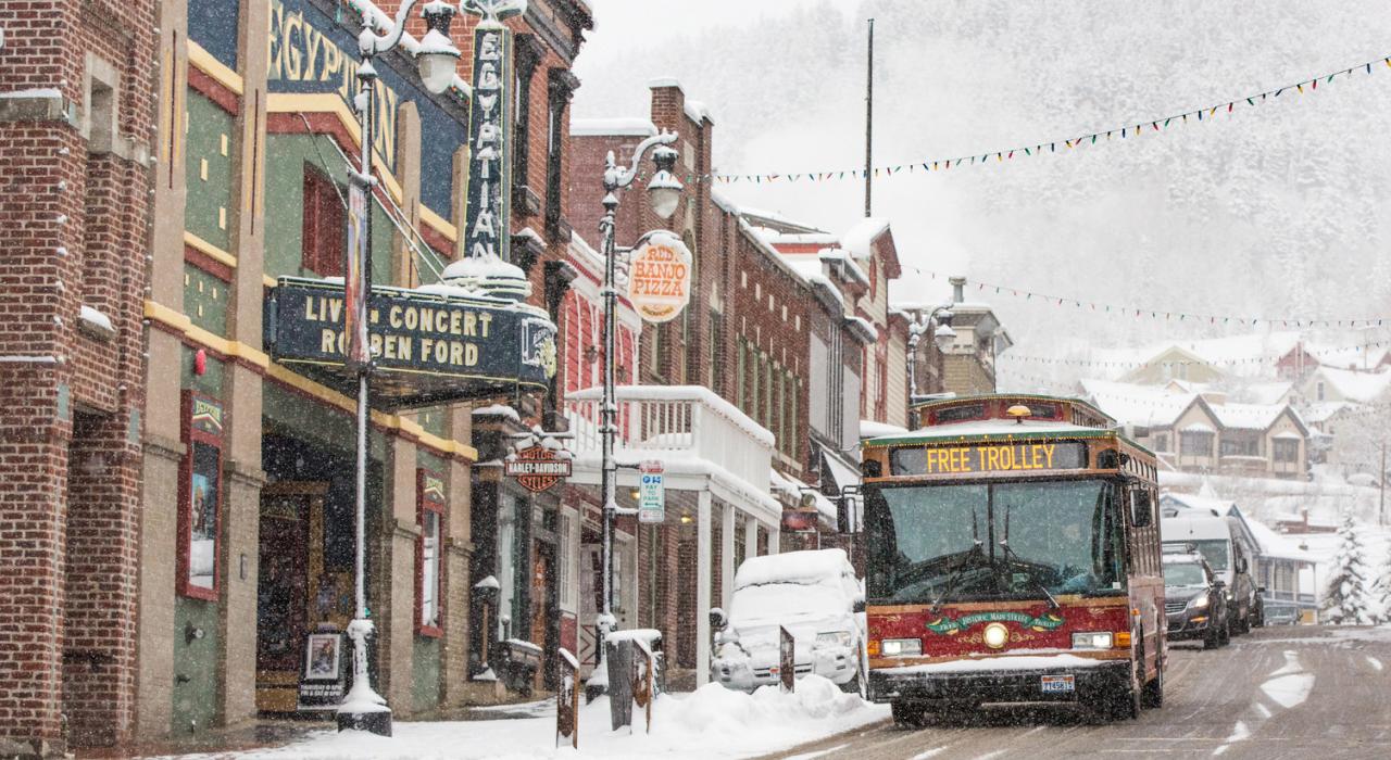 Trolley making a stop at the Egyptian Theatre on Main Street Trolley making a stop at the Egyptian Theatre on Main Street