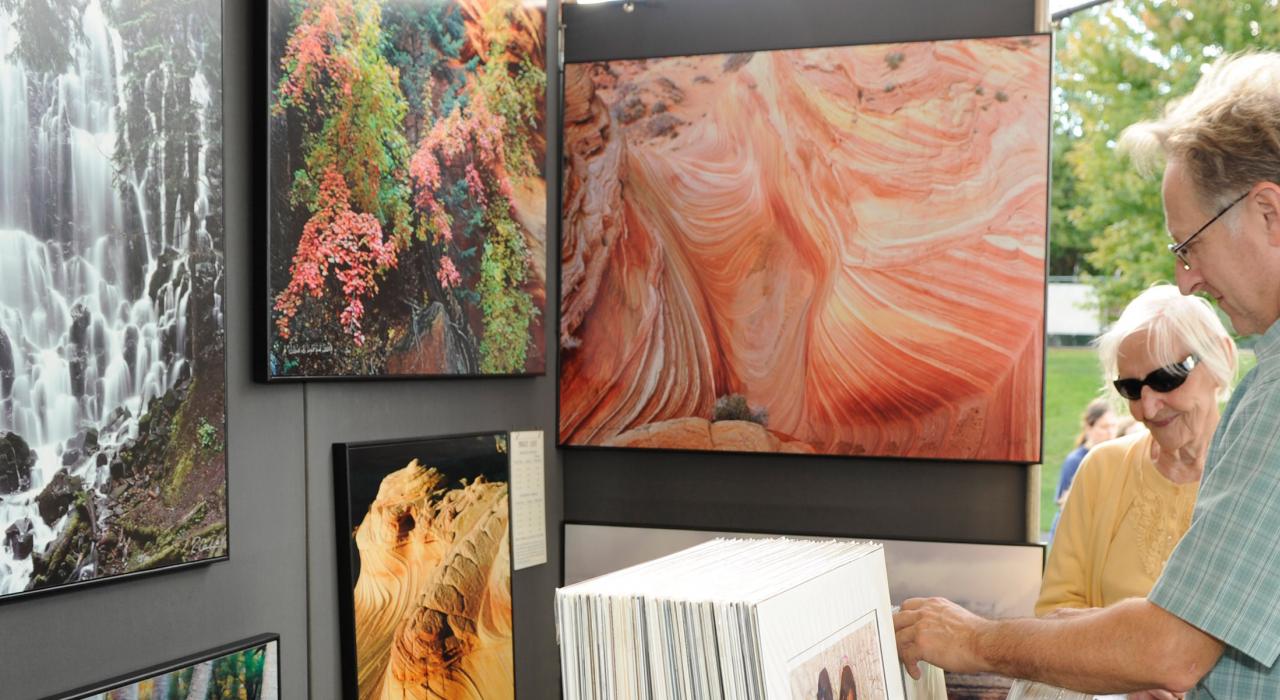 在艺术展上浏览独特的艺术品 在艺术展上浏览独特的艺术品
