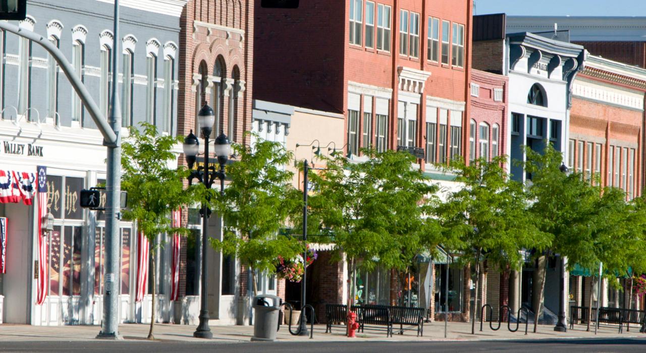 Colorful storefronts on a tree-lined downtown street
